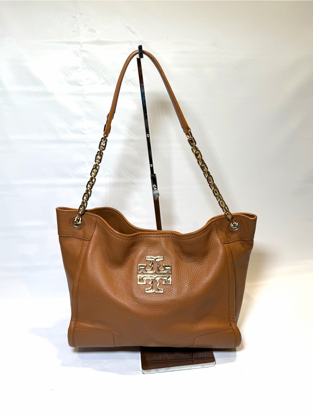 Tory Burch Tan Leather Chain-Shoulder Tote with Gold Logo